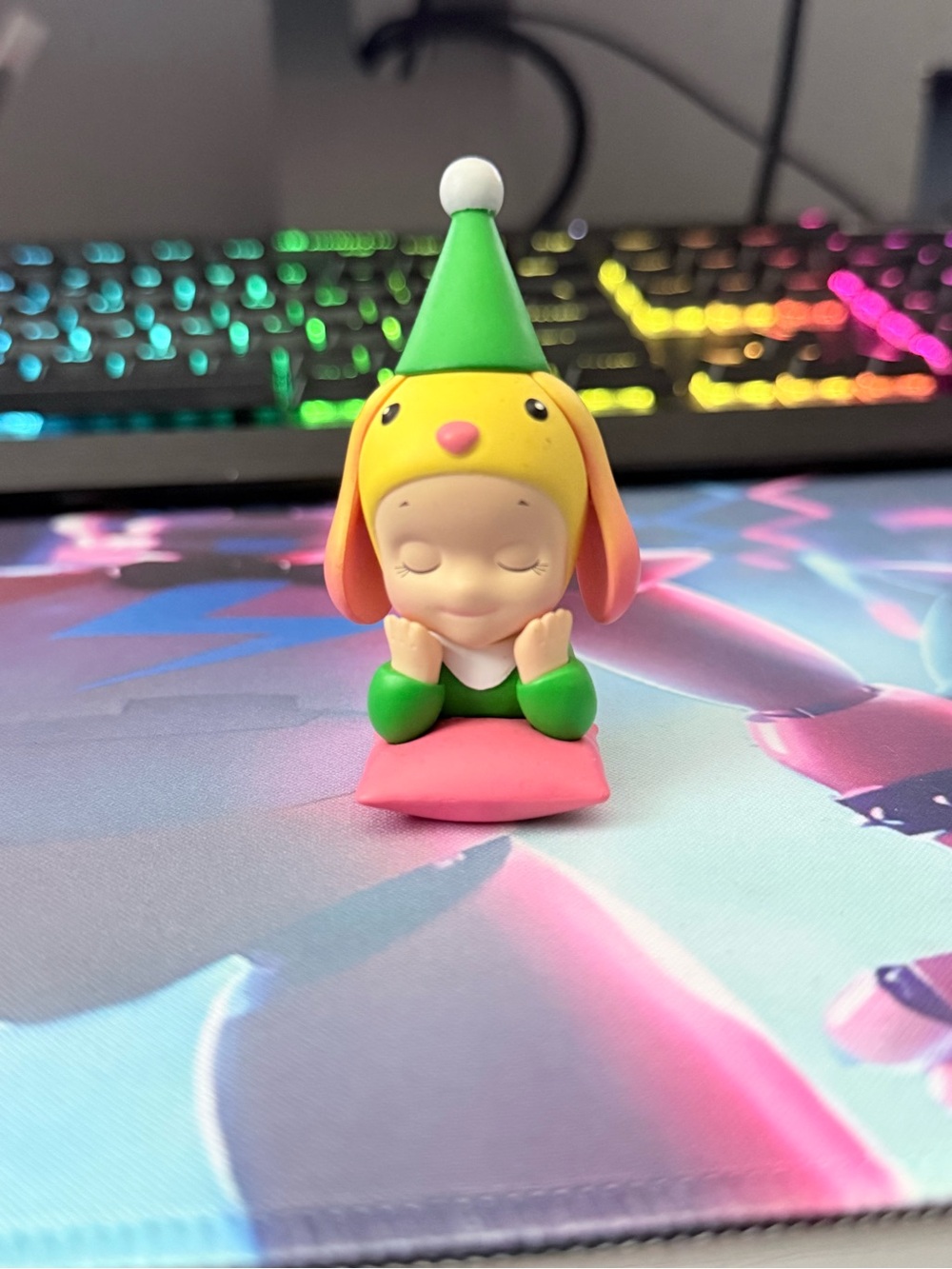 Sleepy Bunny Hat Figurine - Yellow, Green & Pink Kids Collectible